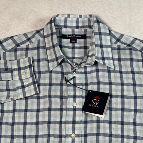 Brooks Brothers Shirt Mens Large White Blue Plaid 100% Irish Linen NWT - Picture 2 of 11